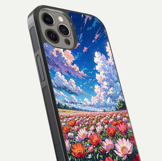 Blossom Sky Field Glass Case for iPhone 12 Pro Max close-up image showing petal patterns and subtle sky gradient