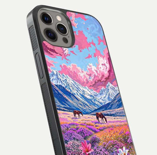 Blossom Valley Dream Glass Case for iPhone 12 Pro Max close-up view showing detailed flower print and pastel hues