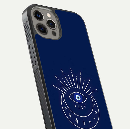 Blue Evil Eye Glass Case for iPhone 12 Pro Max close-up shot highlighting eye motif, protection symbol, and glass shine