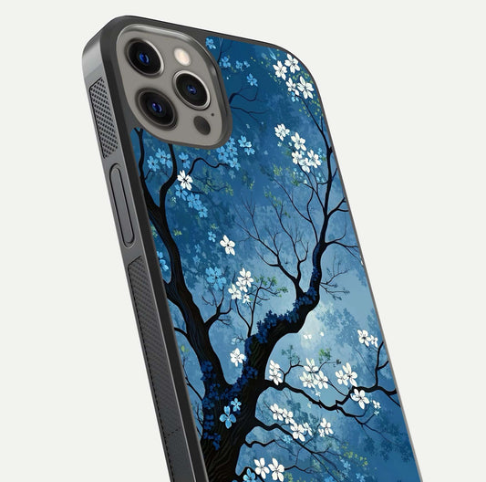 Blue Tree Serenity Glass Case for iPhone 12 Pro Max close-up view highlighting tree branches and reflection gloss