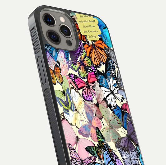 Butterflies Petal Dream Glass Case for iPhone 12 Pro Max close-up highlighting butterfly wings and pink petal gloss