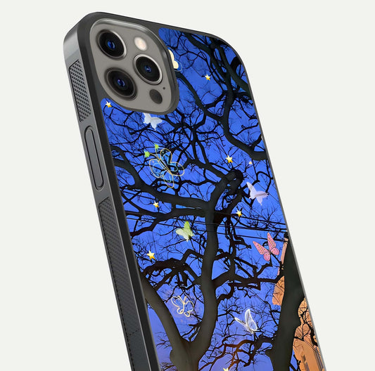Butterfly Night Magic Glass Case for iPhone 12 Pro Max close-up highlighting wings reflection and gloss shimmer