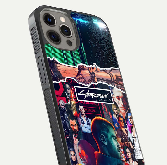 CYBERPUNK Legacy Glass Case for iPhone 12 Pro Max close-up highlighting circuit texture and reflection tone