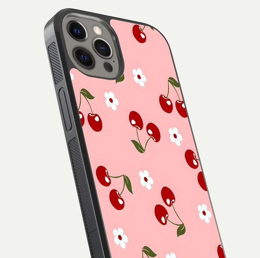 Cherry Love Mood Glass Case for iPhone 12 Pro Max close-up highlighting cherry heart pattern and reflection shine