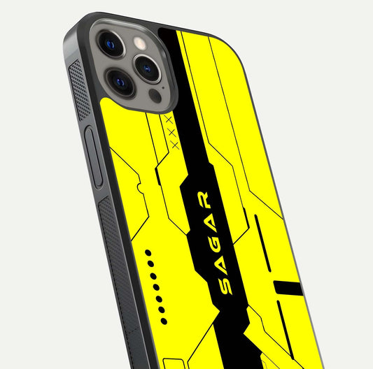 Circuit CYBERPUNK Custom Name Glass Case for iPhone 12 Pro Max close-up highlighting neon lines, futuristic tones, and gloss reflection