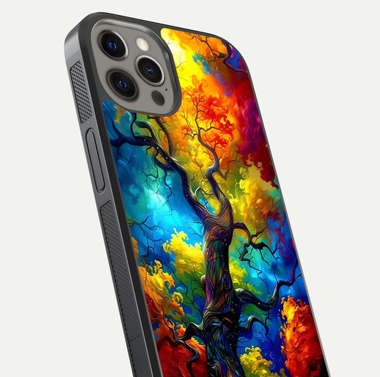 Colorful Tree Glass Case for iPhone 12 Pro Max close-up highlighting leaf detail, gradient colors, and shine