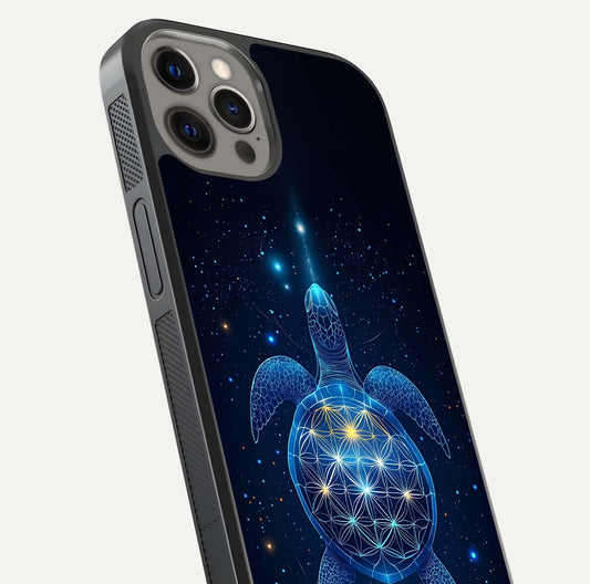 Crimson Blue Turtle Glass Case for iPhone 12 Pro Max close-up highlighting turtle shell detail and shine reflection