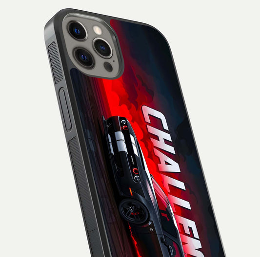 Crimson Challenger Fury Glass Case for iPhone 12 Pro Max close-up highlighting car details and reflection depth