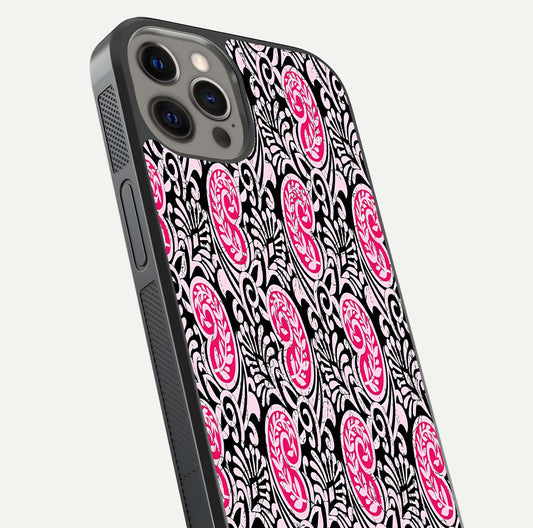 Crimson Paisley Charm Glass Case for iPhone 12 Pro Max close-up highlighting fine pattern detail and reflection tone