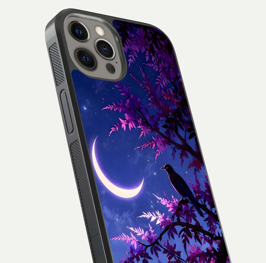 Crow & Moon Scenery Glass Case for iPhone 12 Pro Max close-up highlighting moon detail, dark tones, and glass reflection