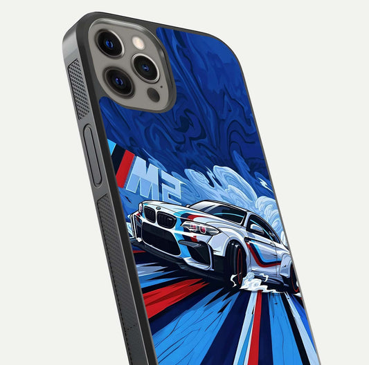 Drift Power Rush Glass Case for iPhone 12 Pro Max close-up highlighting car reflection and metallic tones