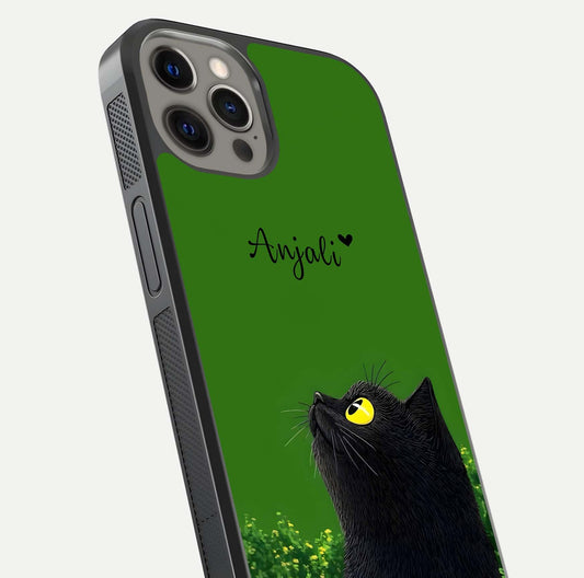 Emerald Cat Custom Name Glass Case for iPhone 12 Pro Max close-up highlighting feline detail, emerald hues, and reflection polish