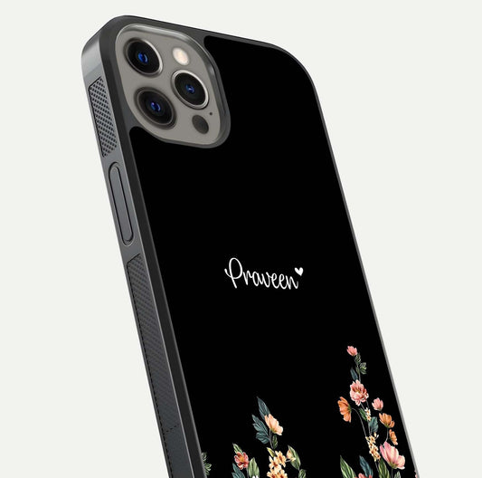 Floral Design Personalized Custom Name Glass Case for iPhone 12 Pro Max close-up highlighting name clarity, petals, and gloss