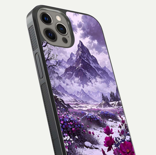 Flower Mountain View Glass Case for iPhone 12 Pro Max close-up highlighting petal details and sky reflection