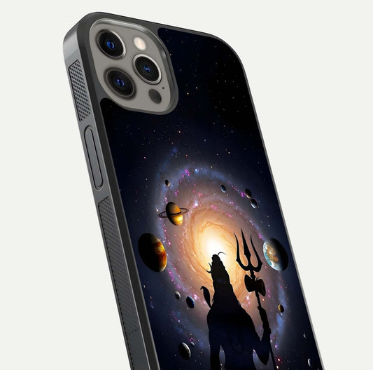Galactic Shiva Vision Glass Case for iPhone 12 Pro Max close-up angled shot highlighting divine aura, trident details, and reflection shine