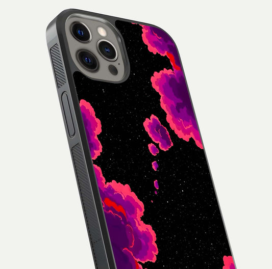 Galaxy Dream Frame Glass Case for iPhone 12 Pro Max close-up angled shot showing nebula patterns and reflection glow