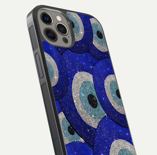 Galaxy Eye Flow Glass Case for iPhone 12 Pro Max close-up angled shot showing vivid swirl detail and reflection brightness