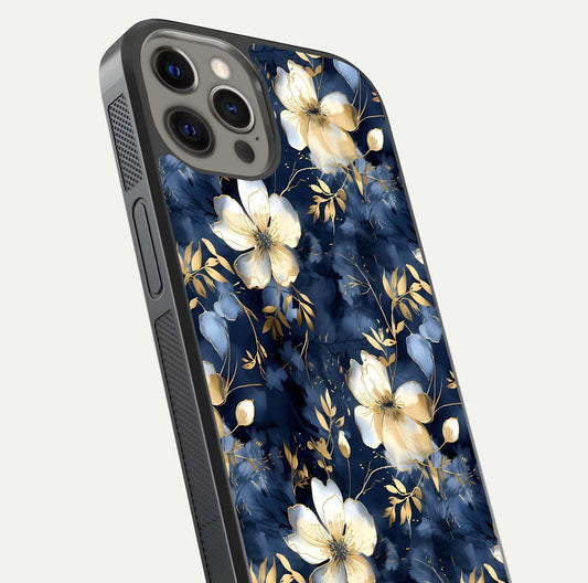 Golden Midnight Bloom Glass Case for iPhone 12 Pro Max close-up angled shot showing floral detail and reflection shine