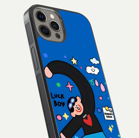 Happy Luck Vibe Glass Case for iPhone 12 Pro Max close-up angled shot showing color details and reflection shine