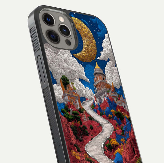 Heavenly Moon Path Glass Case for iPhone 12 Pro Max close-up angled shot showing moon reflection and shimmer texture