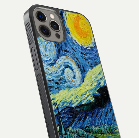 Inspired Van Gogh Art Glass Case for iPhone 12 Pro Max close-up angled shot showing brushstroke texture and shine detail