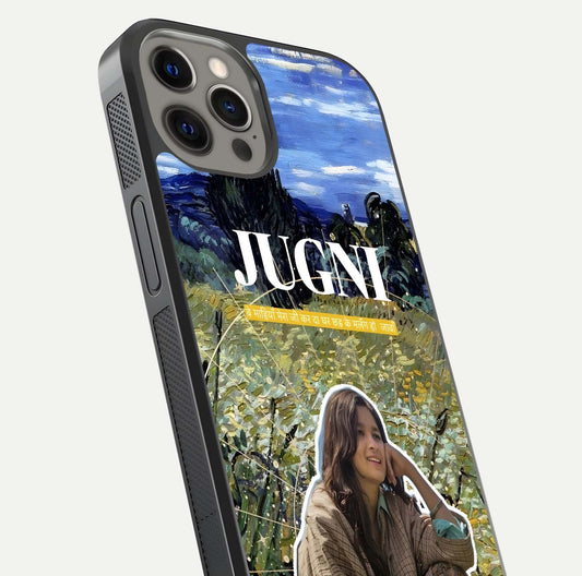 Jugni Soul Vibes Glass Case for iPhone 12 Pro Max close-up angled shot showing typography detail and vibrant gloss reflection