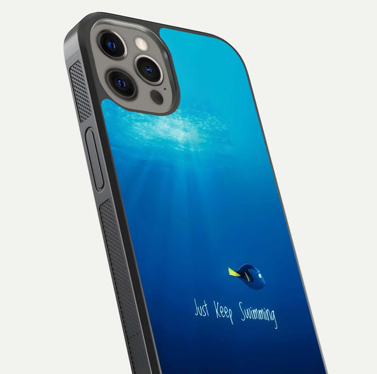 Just Keep Swimming Glass Case for iPhone 12 Pro Max close-up angled shot showing elegant lettering and blue tone reflection
