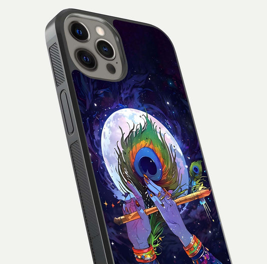 Krishna Hands Art Glass Case for iPhone 12 Pro Max close-up angled shot showing detailed hand design and shine