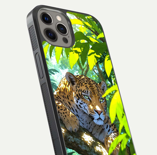 Leopard in Jungle Glass Case for iPhone 12 Pro Max angled close-up showing fur texture and glossy shine reflection