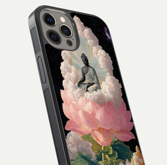 Lotus Divine Peace Glass Case for iPhone 12 Pro Max angled close-up showing delicate petals and gloss reflection