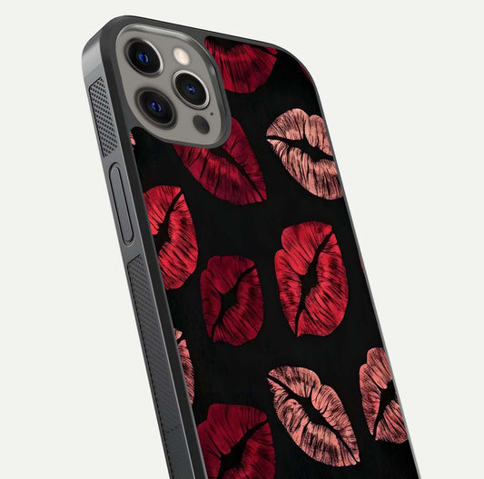 Midnight Kiss Love Glass Case for iPhone 12 Pro Max close-up angle highlighting red accents and reflection shine