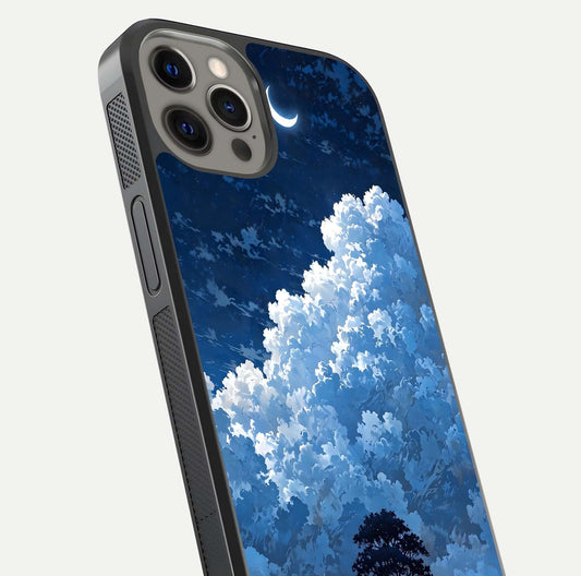 Midnight Sky Serenity Glass Case for iPhone 12 Pro Max close-up angled shot showing starlit tones and reflection