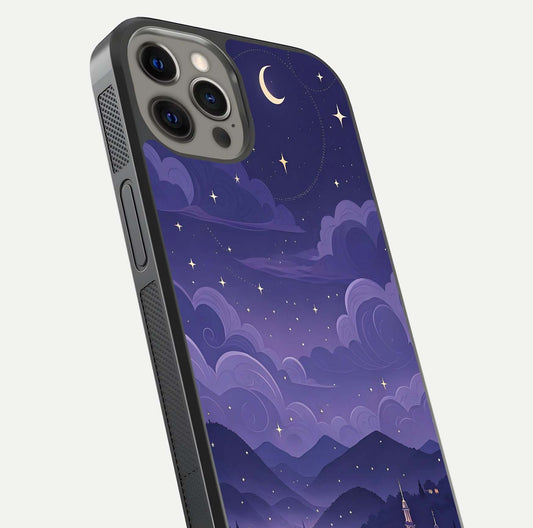 Minimal Night View Glass Case for iPhone 12 Pro Max close-up angled shot showing lights reflection and dark tone details