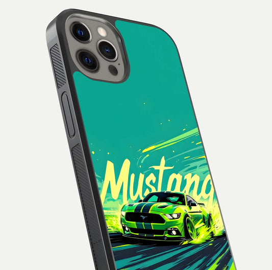 Mustang Bang Glass Case for iPhone 12 Pro Max close-up angled shot showing car emblem and HD reflection