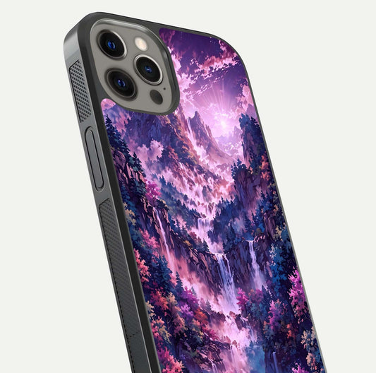Mystic Cascade Peaks Glass Case for iPhone 12 Pro Max close-up angled shot showing peak reflections and color gradient