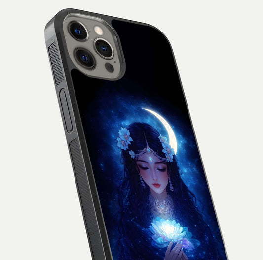 Mystic Moon Queen Glass Case for iPhone 12 Pro Max close-up angled shot showing shine and lunar tones