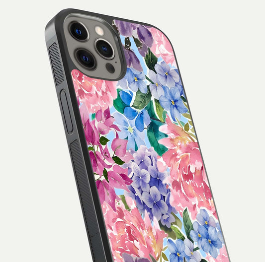 Pastel Floral Mix Glass Case for iPhone 12 Pro Max close-up angled shot highlighting flower detail and reflection