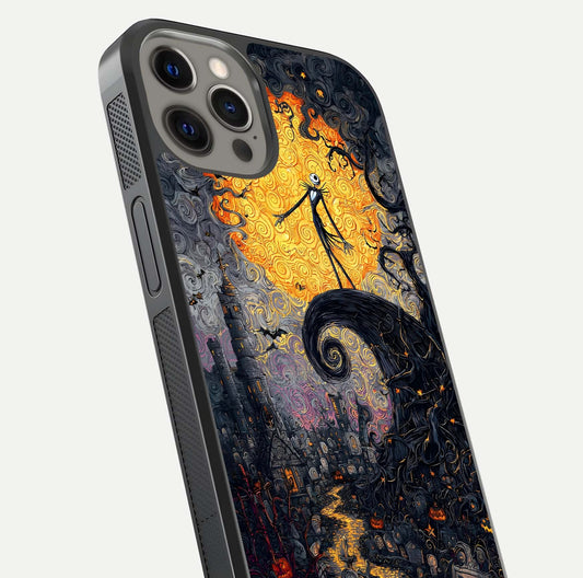 Pumpkin Moon Night Glass Case for iPhone 12 Pro Max close-up angled shot showing moon reflection and Halloween glow