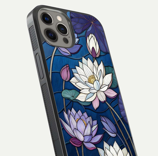 Purple Lotus Stained Glass Case for iPhone 12 Pro Max close-up angled shot highlighting glass pattern and reflection