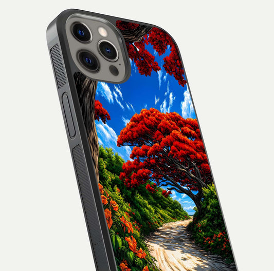 Red Eyes Pattern Glass Case for iPhone 12 Pro Max close-up angled shot highlighting vivid contrast and HD shine