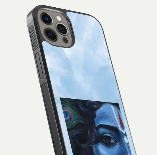 Spiritual Krishna Glass Case for iPhone 12 Pro Max close-up angled shot showing HD print, color tone, and reflection