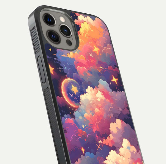Starlit Dream Clouds Glass Case for iPhone 12 Pro Max close-up angled shot highlighting cloud texture and reflection