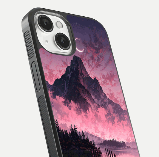 Beautyful Mountain View Glass Case for iPhone 13 close-up angle highlighting landscape details and shine