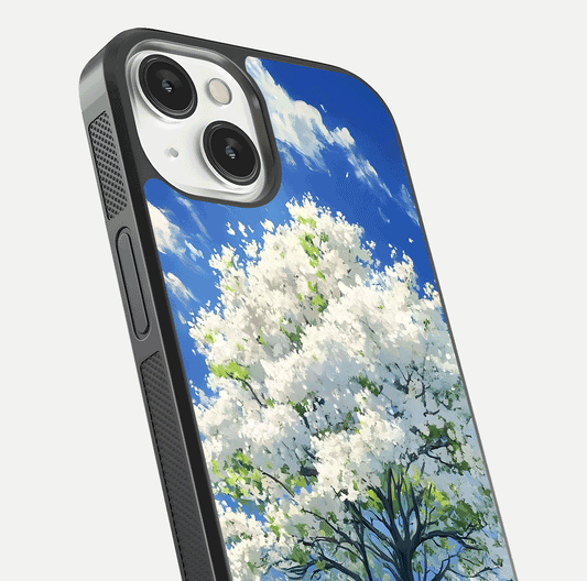 Blossom Sky Serenity Glass Case for iPhone 13 close-up highlighting calming flower details and reflection gloss