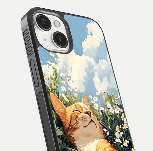 Cat & Flowers View Glass Case for iPhone 13 close-up view highlighting cat expression and petal detail