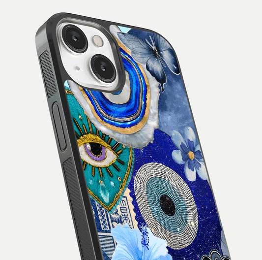 Celestial Blue Vision Glass Case for iPhone 13 close-up shot highlighting reflection details and smooth edge polish