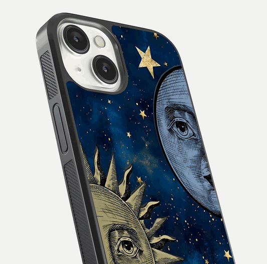 Celestial Moon With Sun Glass Case for iPhone 13 close-up highlighting fine celestial detail and polish reflection
