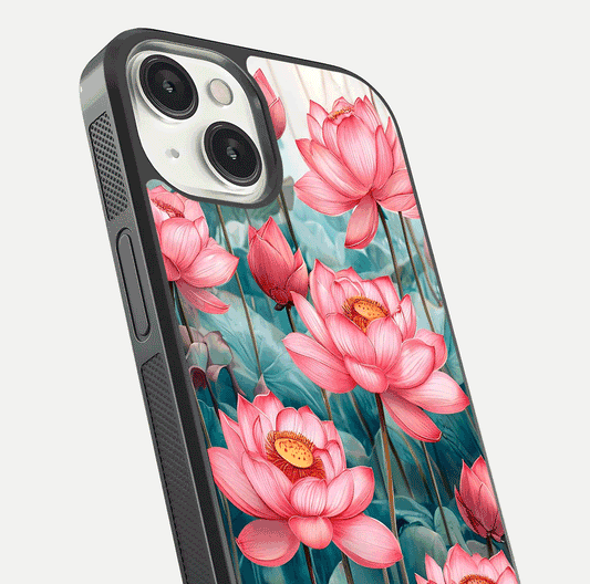 Celestial Pink Lotus Glass Case for iPhone 13 close-up highlighting petal detail and HD glass reflection