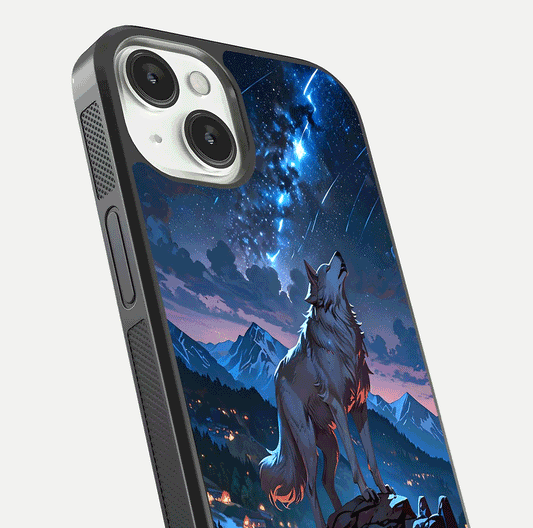 Celestial Wolf Howl Glass Case for iPhone 13 close-up showing wolf silhouette and glowing moon reflection