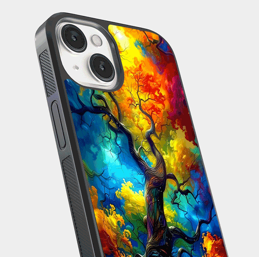 Colorful Tree Glass Case for iPhone 13 close-up highlighting leaf detail, gradient colors, and shine